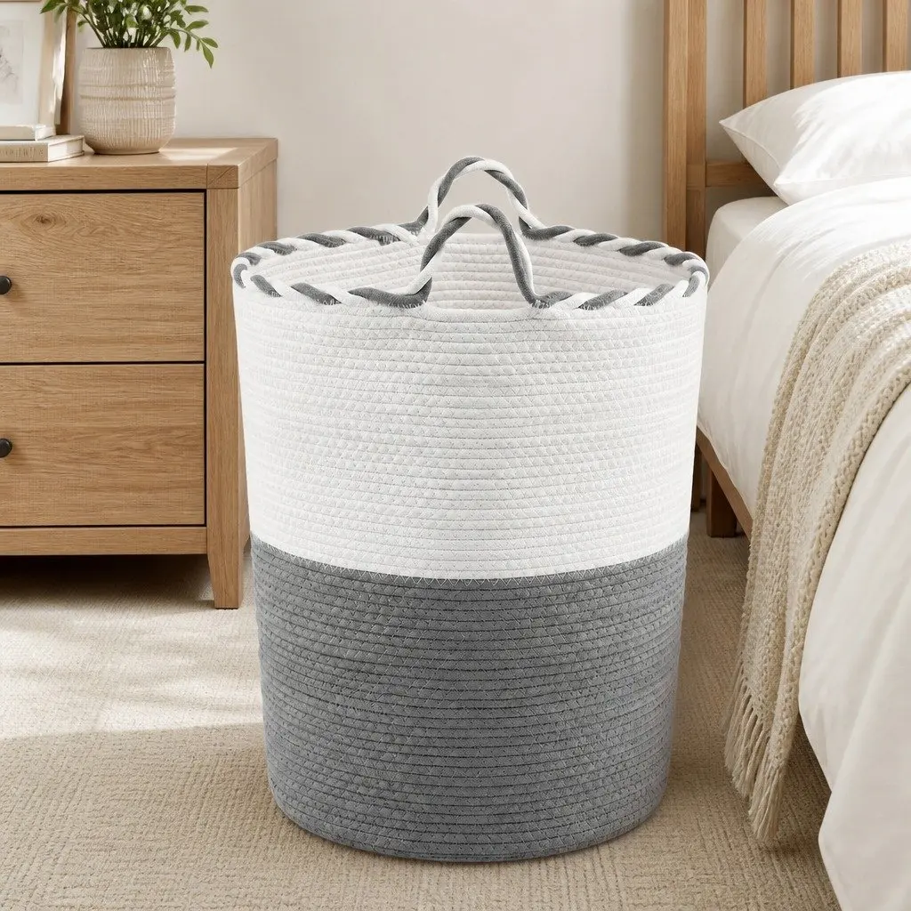 Woven Laundry Basket White Grey 47L Foldable Cotton Rope with Handles