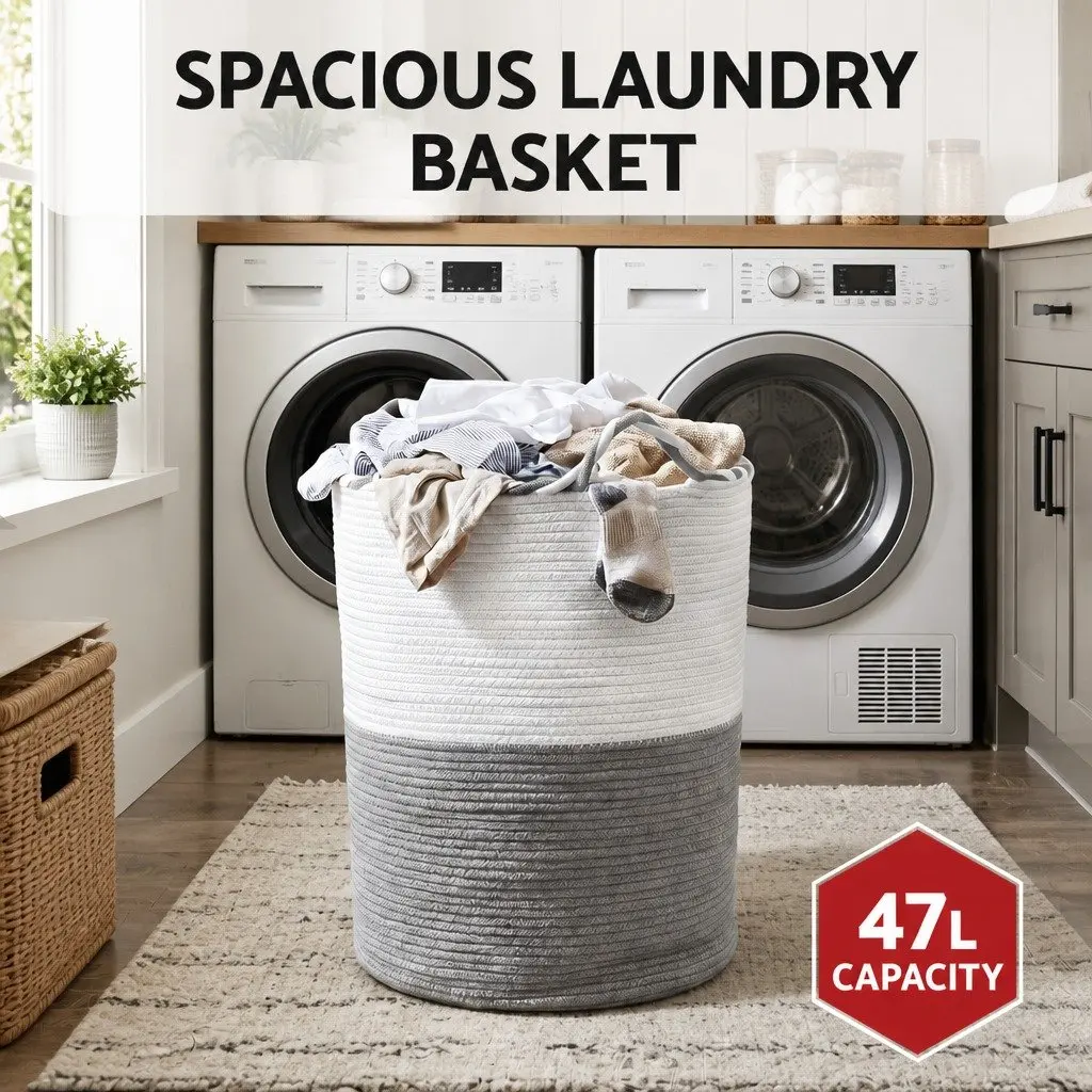 Woven Laundry Basket White Grey 47L Foldable Cotton Rope with Handles