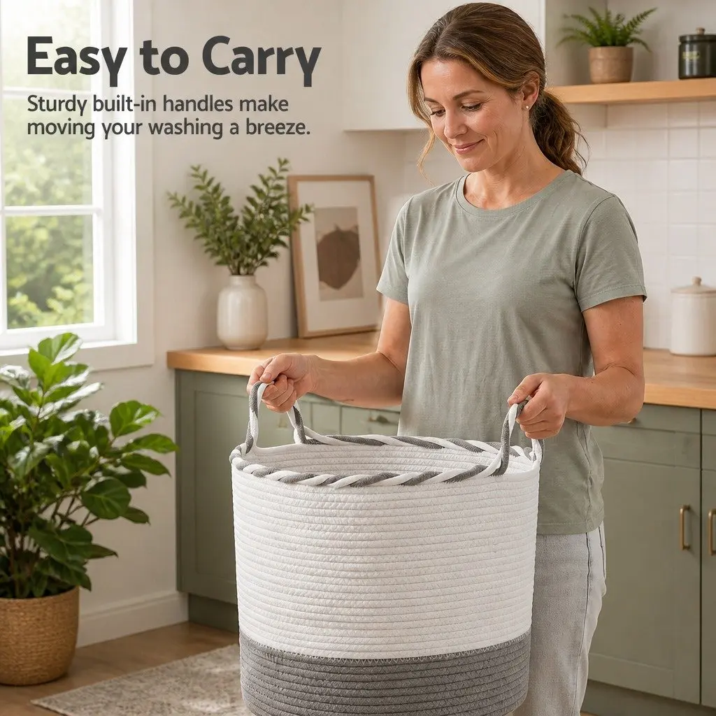 Woven Laundry Basket White Grey 47L Foldable Cotton Rope with Handles