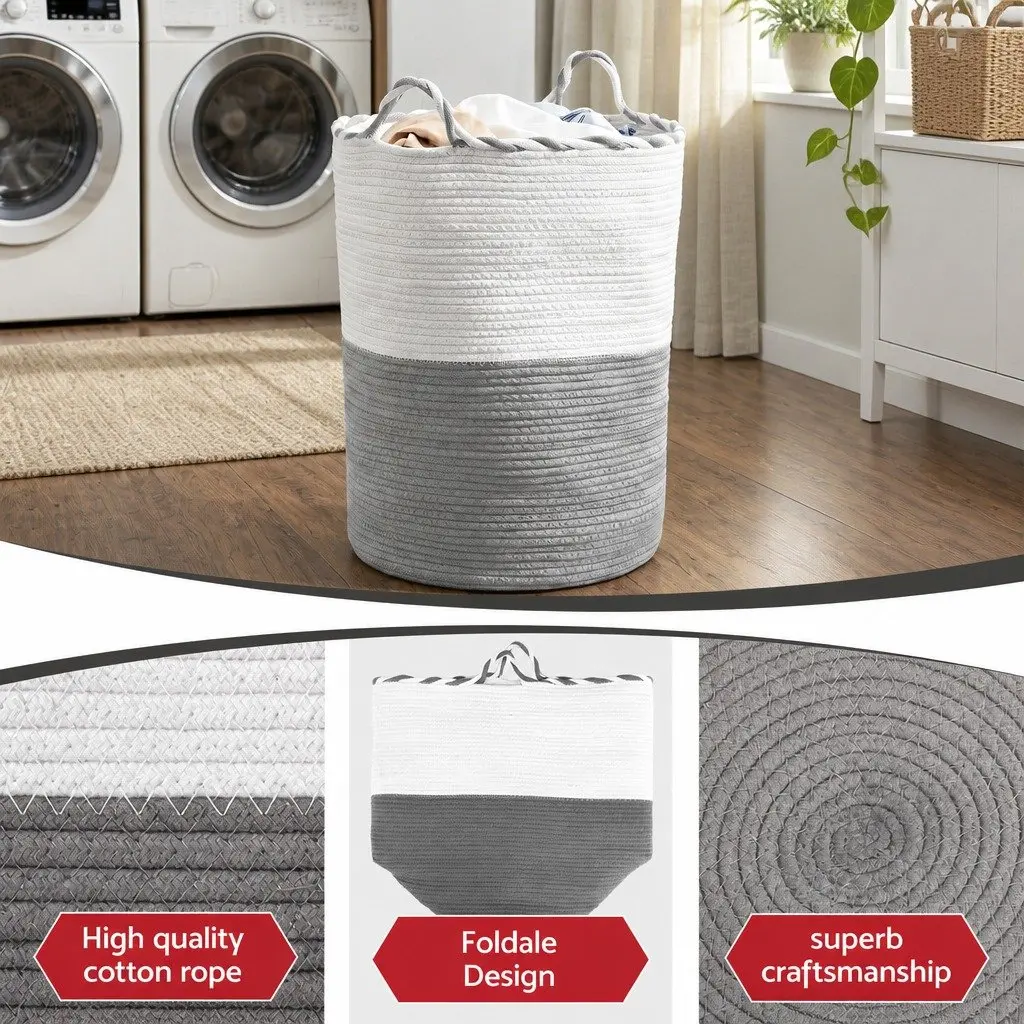 Woven Laundry Basket White Grey 47L Foldable Cotton Rope with Handles