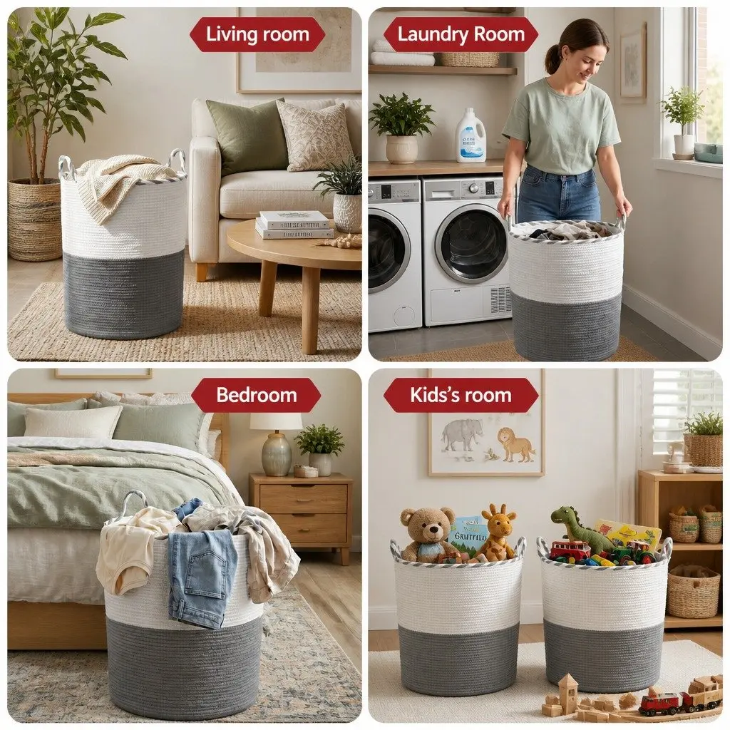 Woven Laundry Basket White Grey 47L Foldable Cotton Rope with Handles