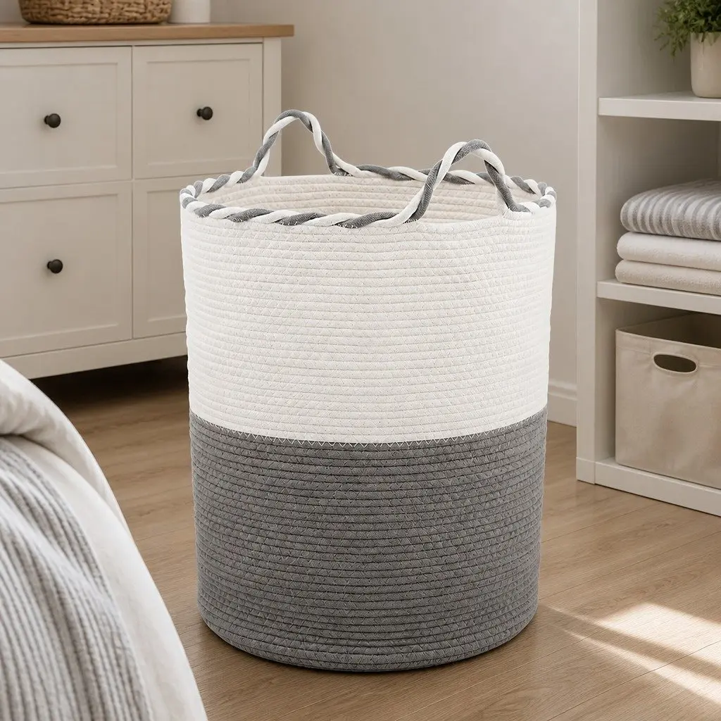 Woven Laundry Basket White Grey 47L Foldable Cotton Rope with Handles