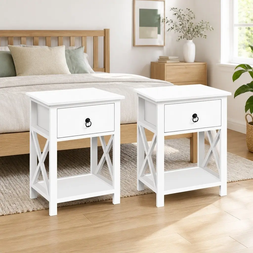 Bedside Table White Rustic 1 Drawer with Shelf Storage Bedroom
