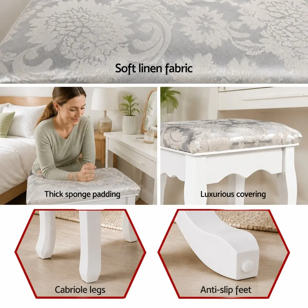 Dressing Table Stool White Velvet Bedroom Vanity Seat Padded Cushion Elegant