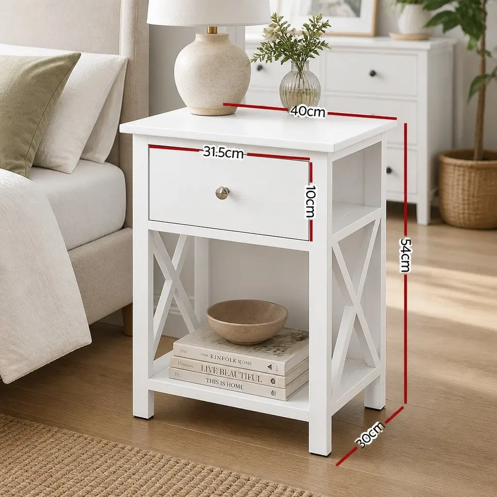 Bedside Table with Drawer and Shelf White Storage Nightstand Bedroom Furniture