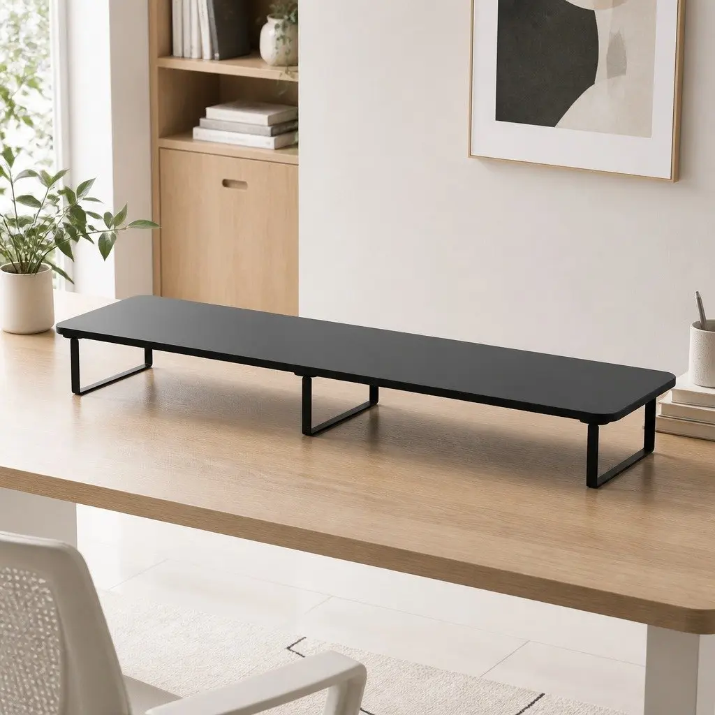 Dual Monitor Stand Black 100cm Wide Riser Desk Organiser Non-slip Rubber Feet