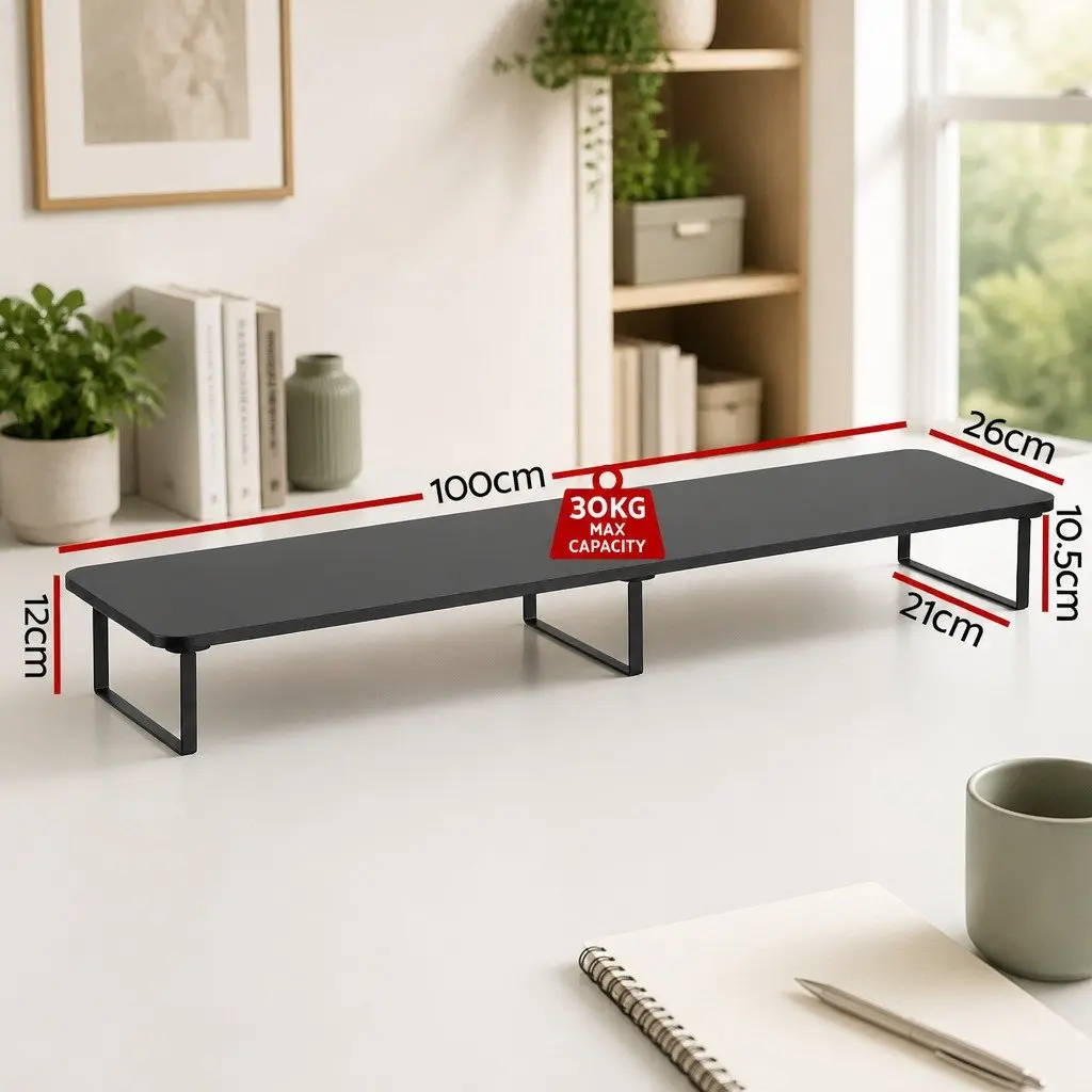 Dual Monitor Stand Black 100cm Wide Riser Desk Organiser Non-slip Rubber Feet