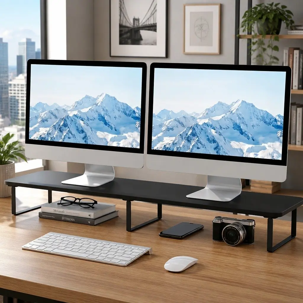 Dual Monitor Stand Black 100cm Wide Riser Desk Organiser Non-slip Rubber Feet