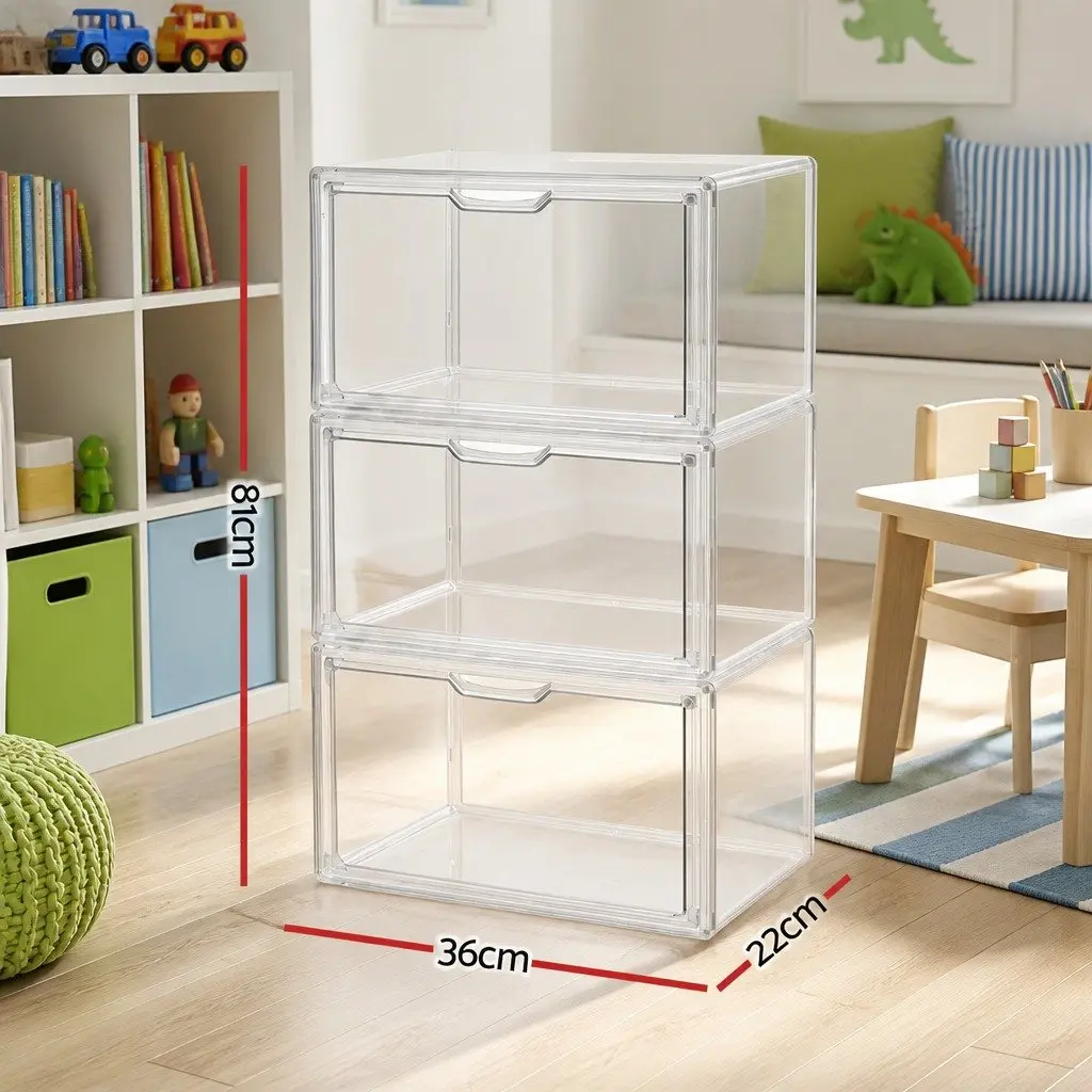 Clear Acrylic Display Case 3 Pack Stackable Toy Storage Box Magnetic Door Dust