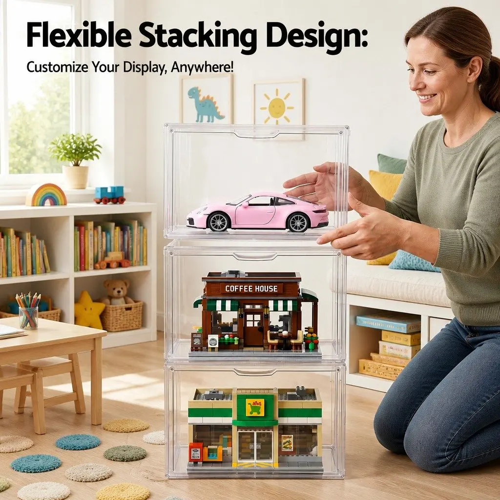 Clear Acrylic Display Case 3 Pack Stackable Toy Storage Box Magnetic Door Dust