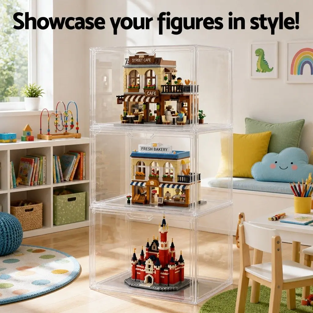 Clear Acrylic Display Case 3 Pack Stackable Toy Storage Box Magnetic Door Dust
