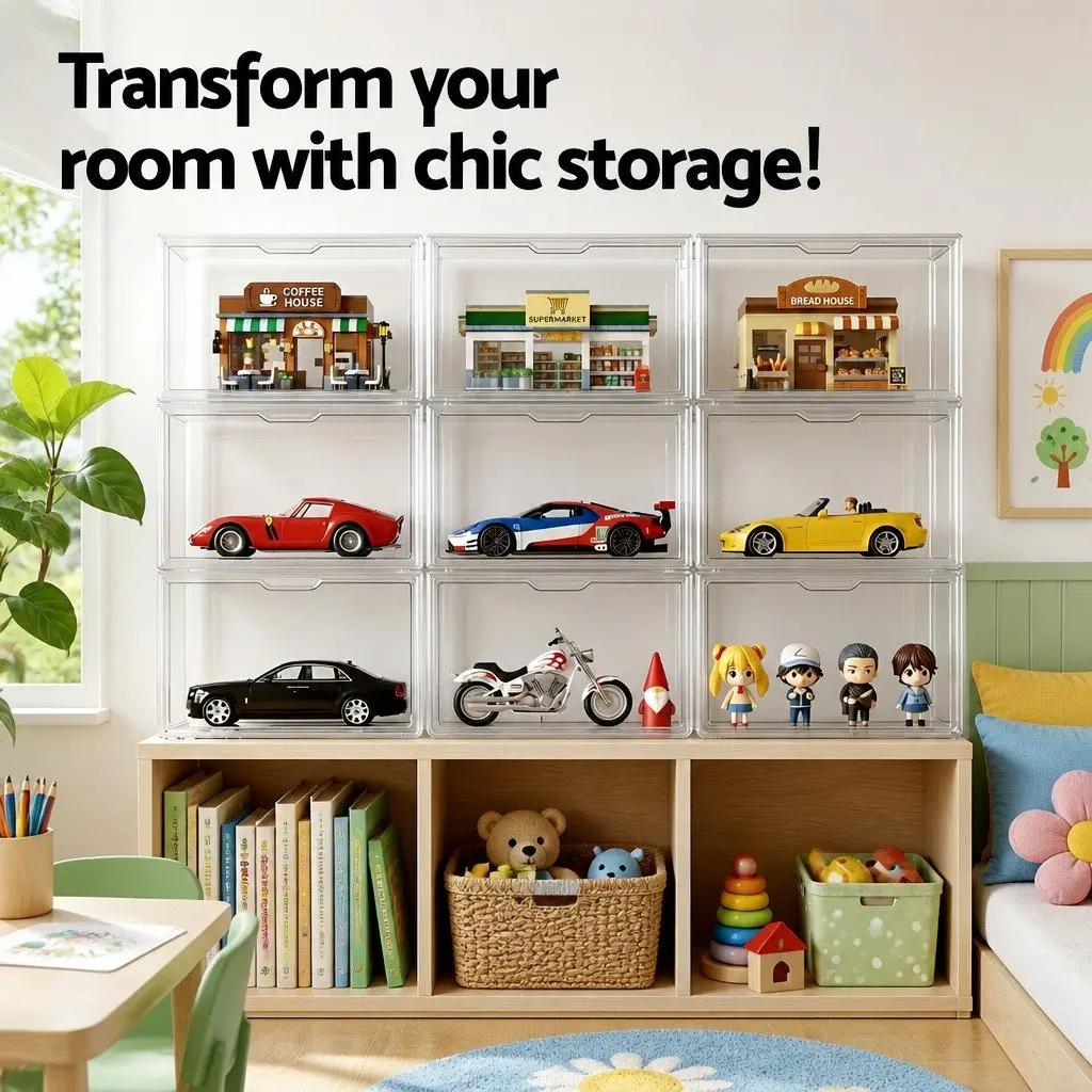 Clear Acrylic Display Case 3 Pack Stackable Toy Storage Box Magnetic Door Dust