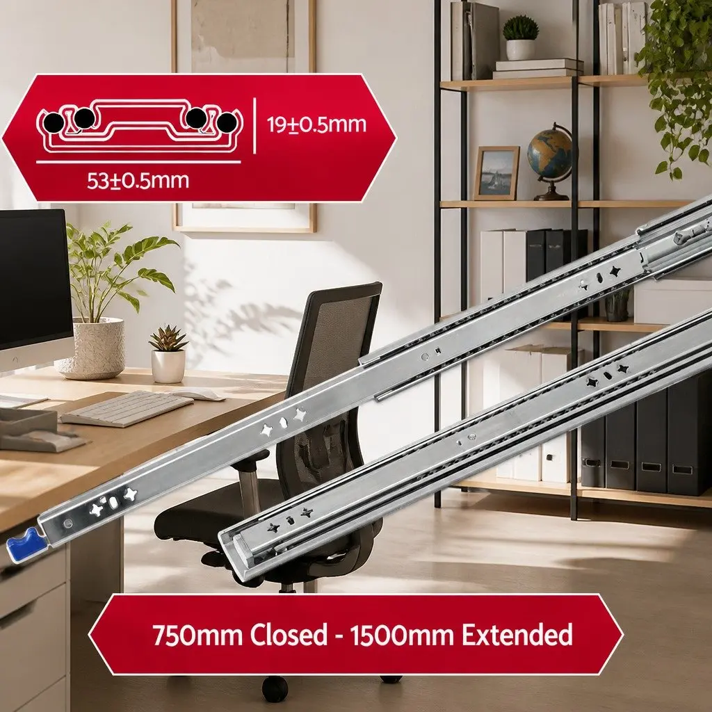 Drawer Slides Heavy Duty Full Extension Locking 750-1500mm Silver 115kg