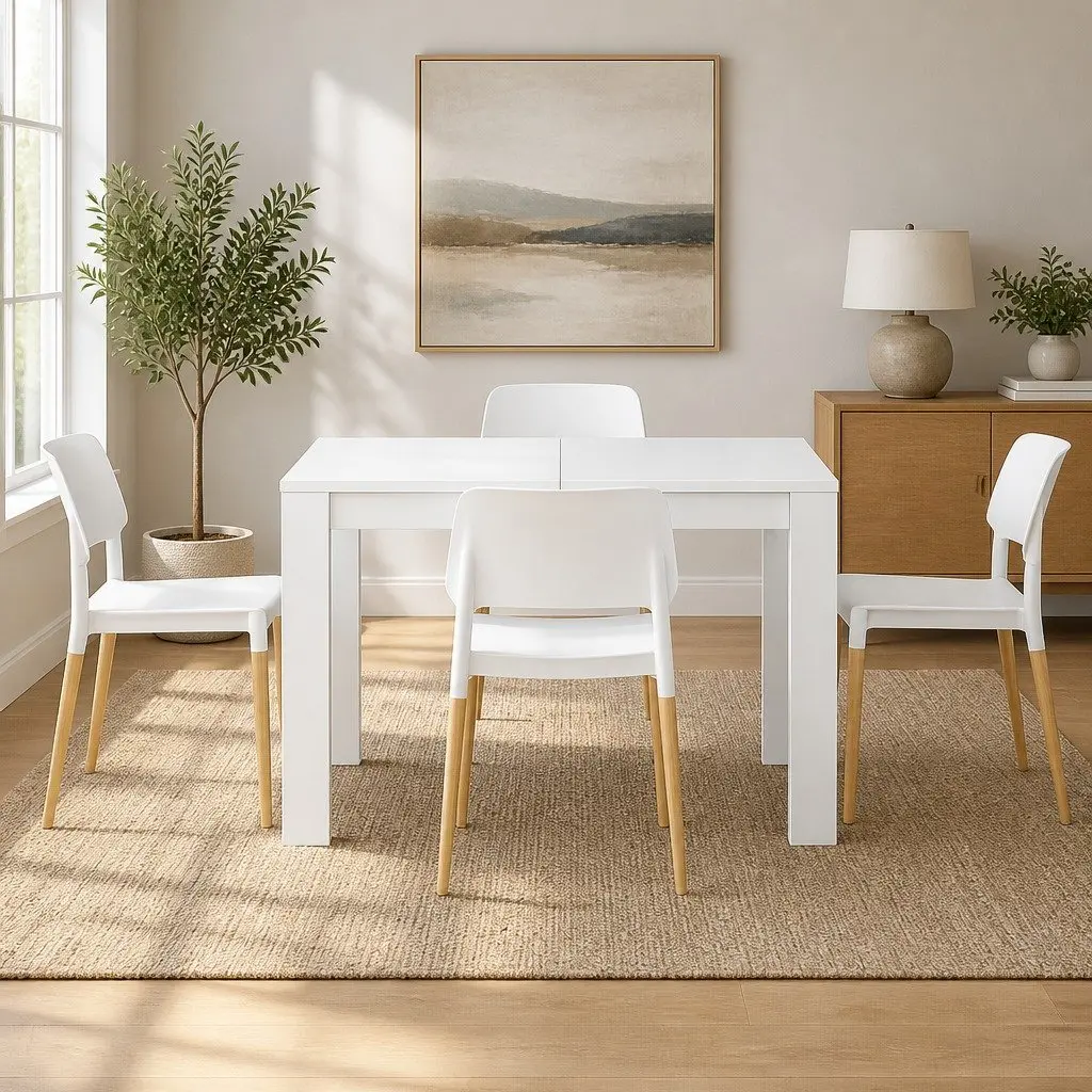 White Dining Table and 4 Chairs Set Wooden Kitchen Café Dining Room Furniture