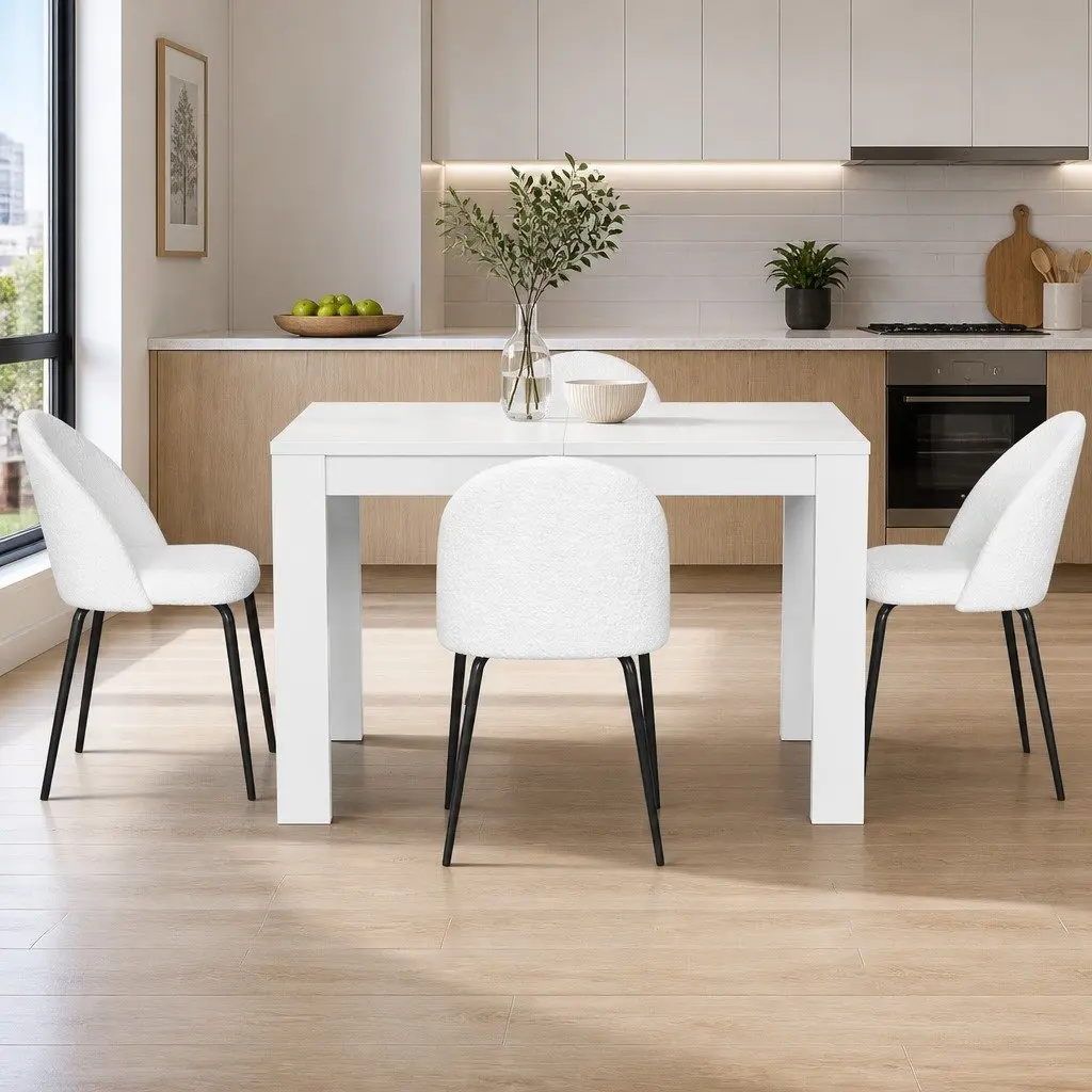 Dining Table and 4 Chairs Set White Sherpa Fabric Kitchen Dining Room Furniture