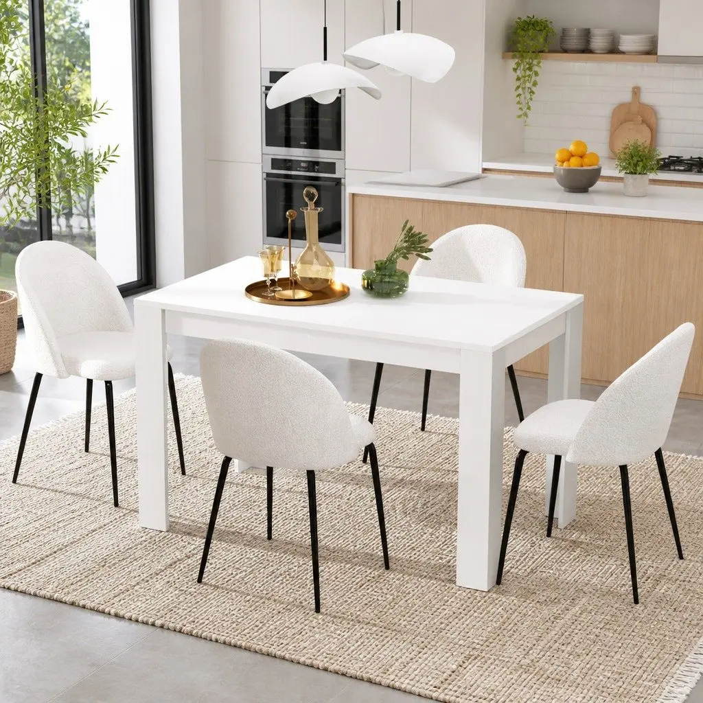 Dining Table and 4 Chairs Set White Sherpa Fabric Kitchen Dining Room Furniture