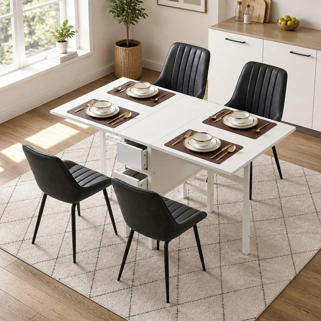 Dining Set Black White 5 Piece Foldable Table Chairs Gateleg Kitchen Furniture