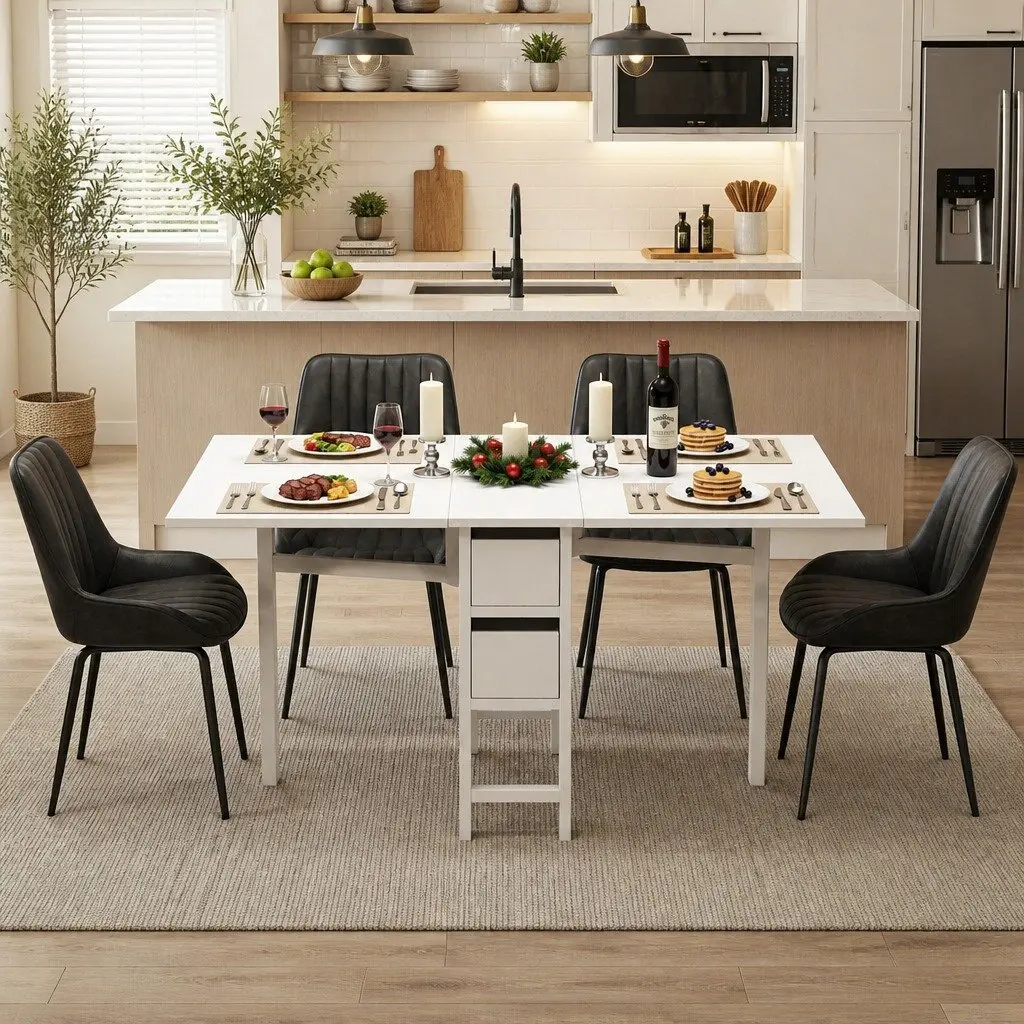 Dining Set Black White 5 Piece Foldable Table Chairs Gateleg Kitchen Furniture