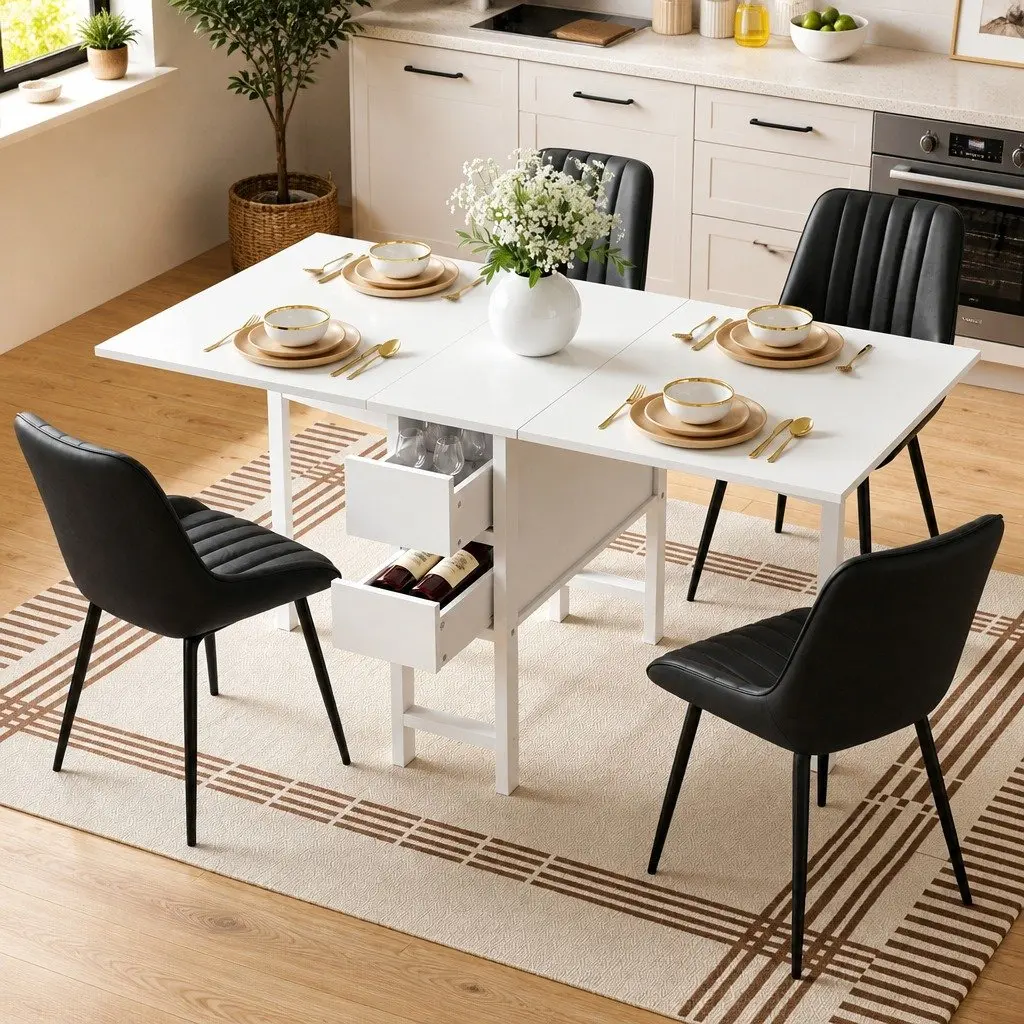 Dining Set Black White 5 Piece Foldable Table Chairs Gateleg Kitchen Furniture