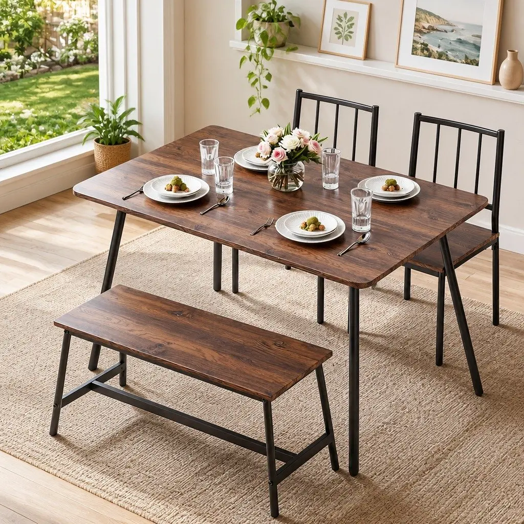 Dining Table and Chairs Set of 4 with Bench Kitchen Furniture Rustic Brown Black