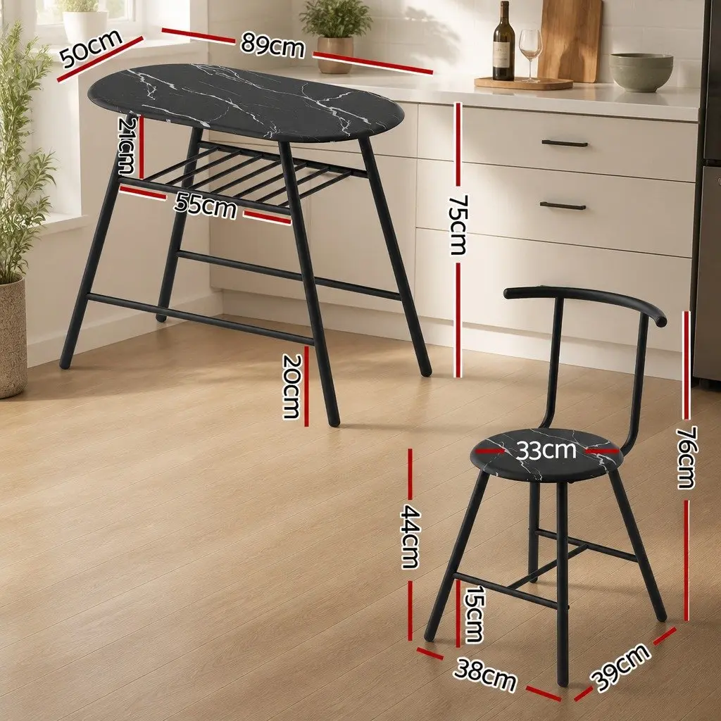 Dining Table Set Black Marble Oval Compact 3 Piece