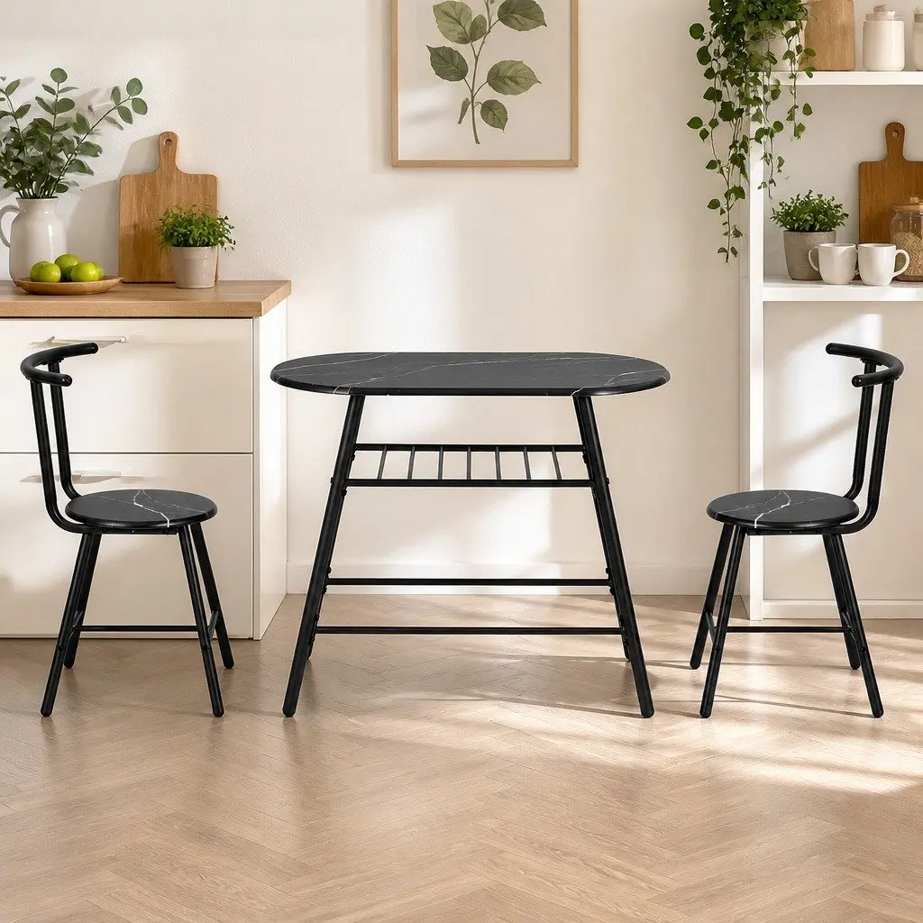 Dining Table Set Black Marble Oval Compact 3 Piece