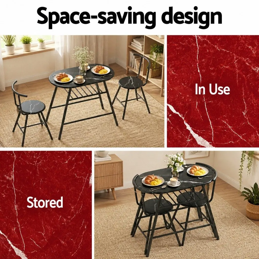 Dining Table Set Black Marble Oval Compact 3 Piece