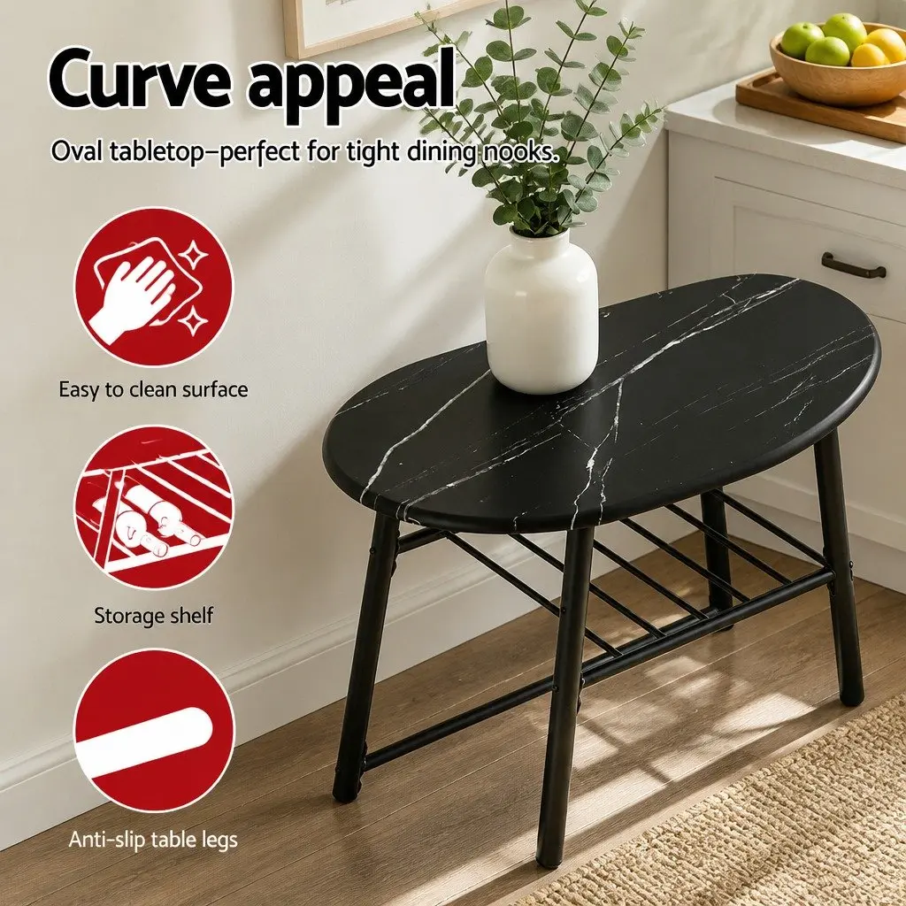 Dining Table Set Black Marble Oval Compact 3 Piece