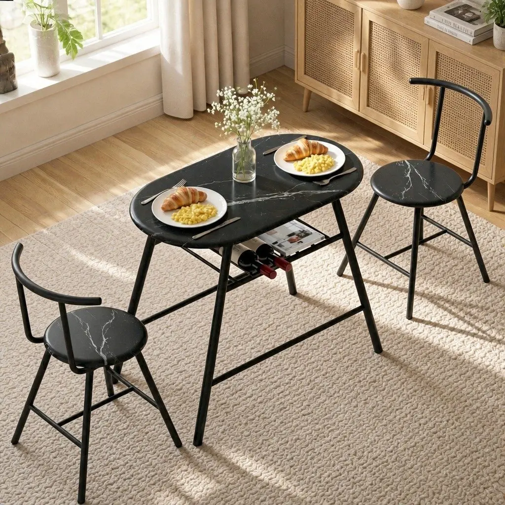 Dining Table Set Black Marble Oval Compact 3 Piece