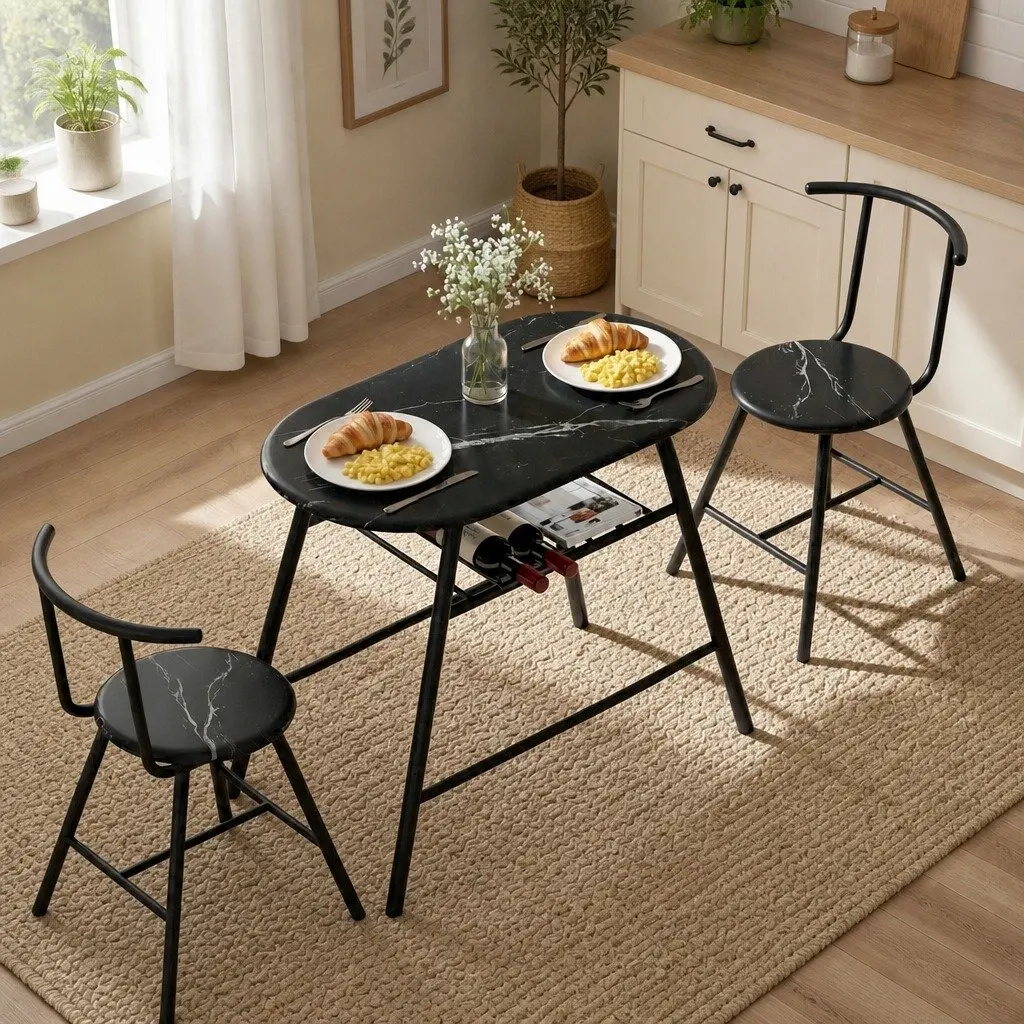 Dining Table Set Black Marble Oval Compact 3 Piece