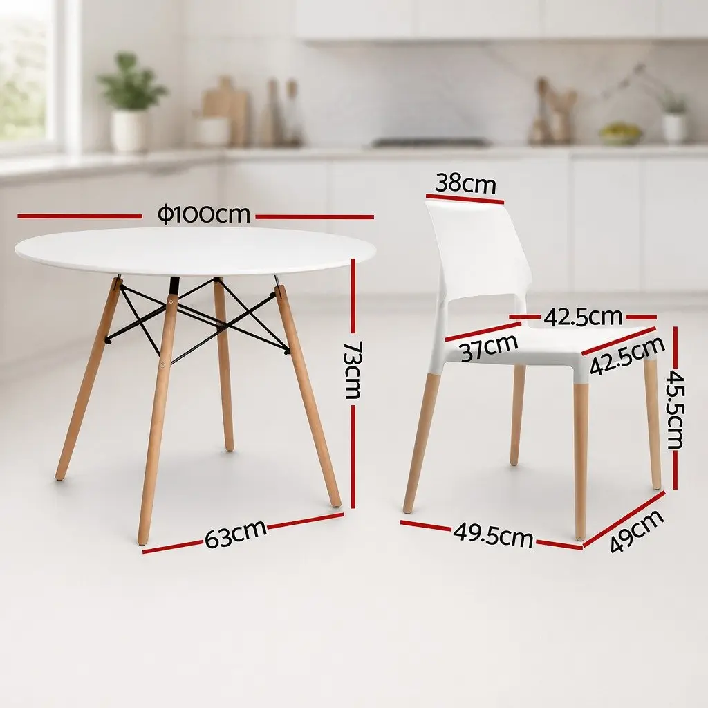 Dining Set White Round Table 100cm with 4 Chairs Beech Wood Legs Kitchen Furniture