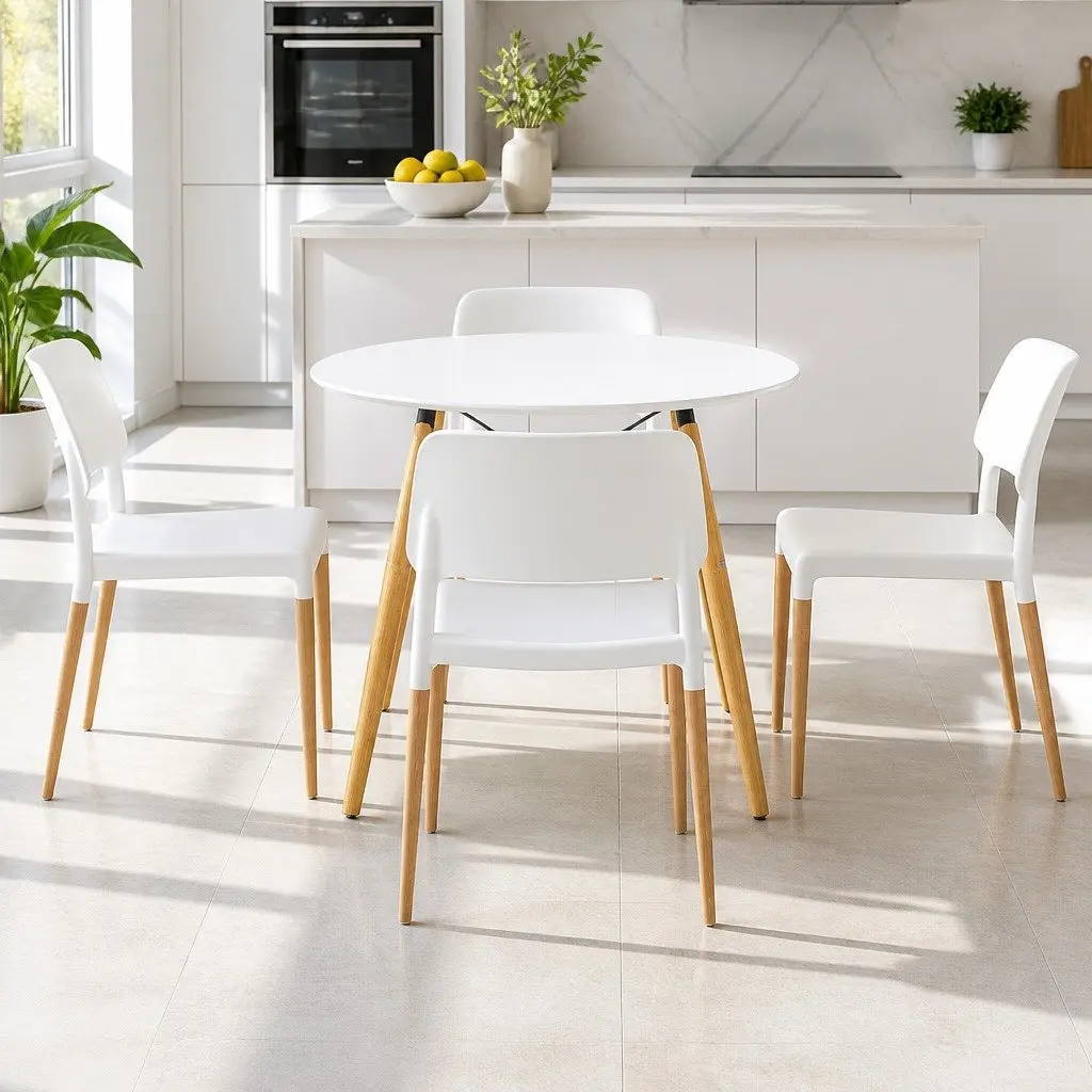 Dining Set White Round Table 100cm with 4 Chairs Beech Wood Legs Kitchen Furniture