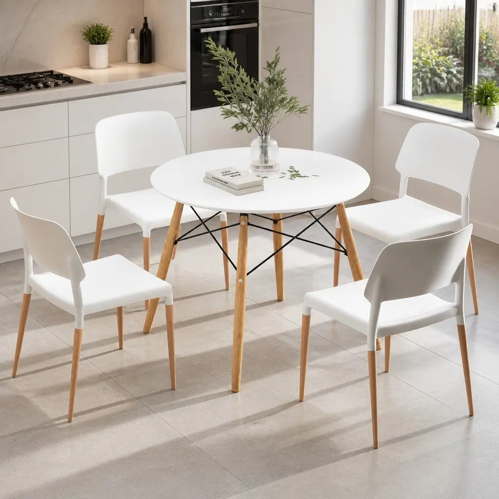 Dining Set White Round Table 100cm with 4 Chairs Beech Wood Legs Kitchen Furniture