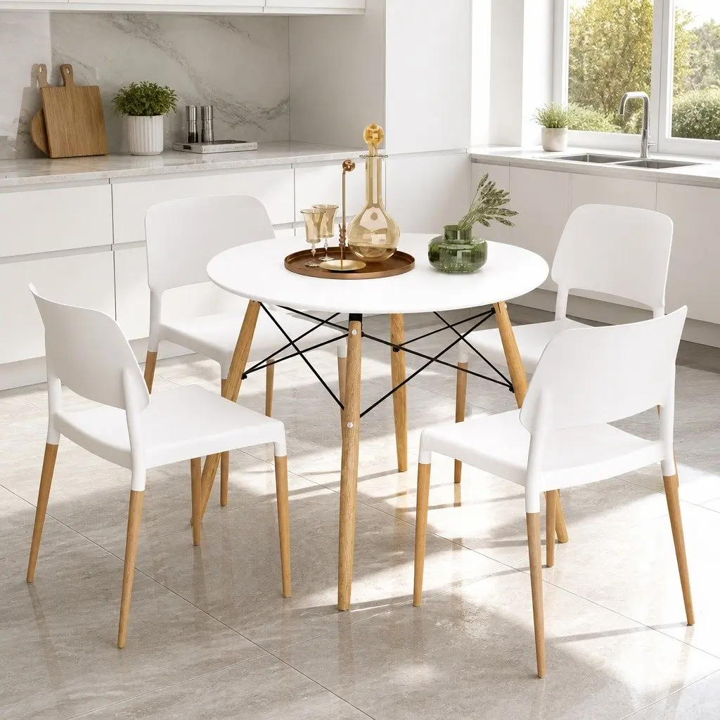 Dining Set White Round Table 100cm with 4 Chairs Beech Wood Legs Kitchen Furniture