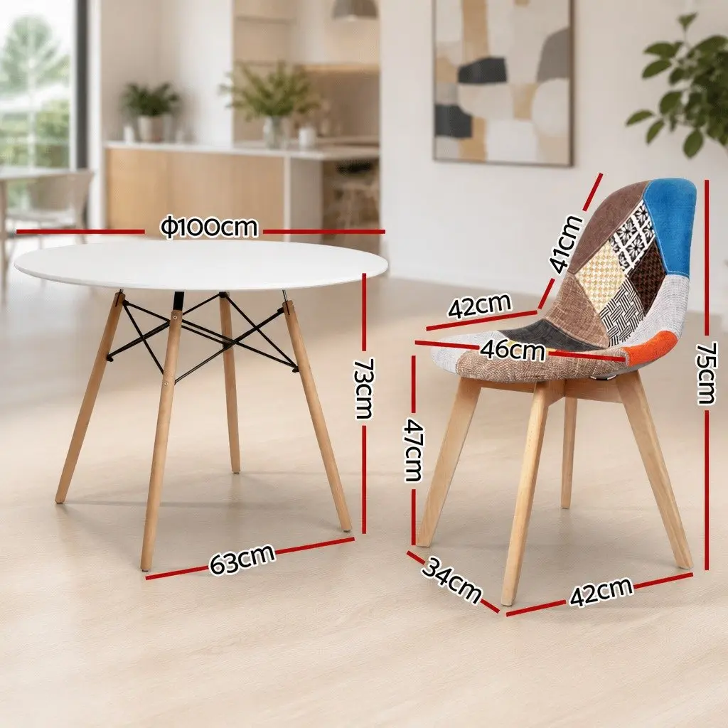 Dining Table and 4 Chairs Set Round 100cm MDF Top Beech Wood Legs Modern Design