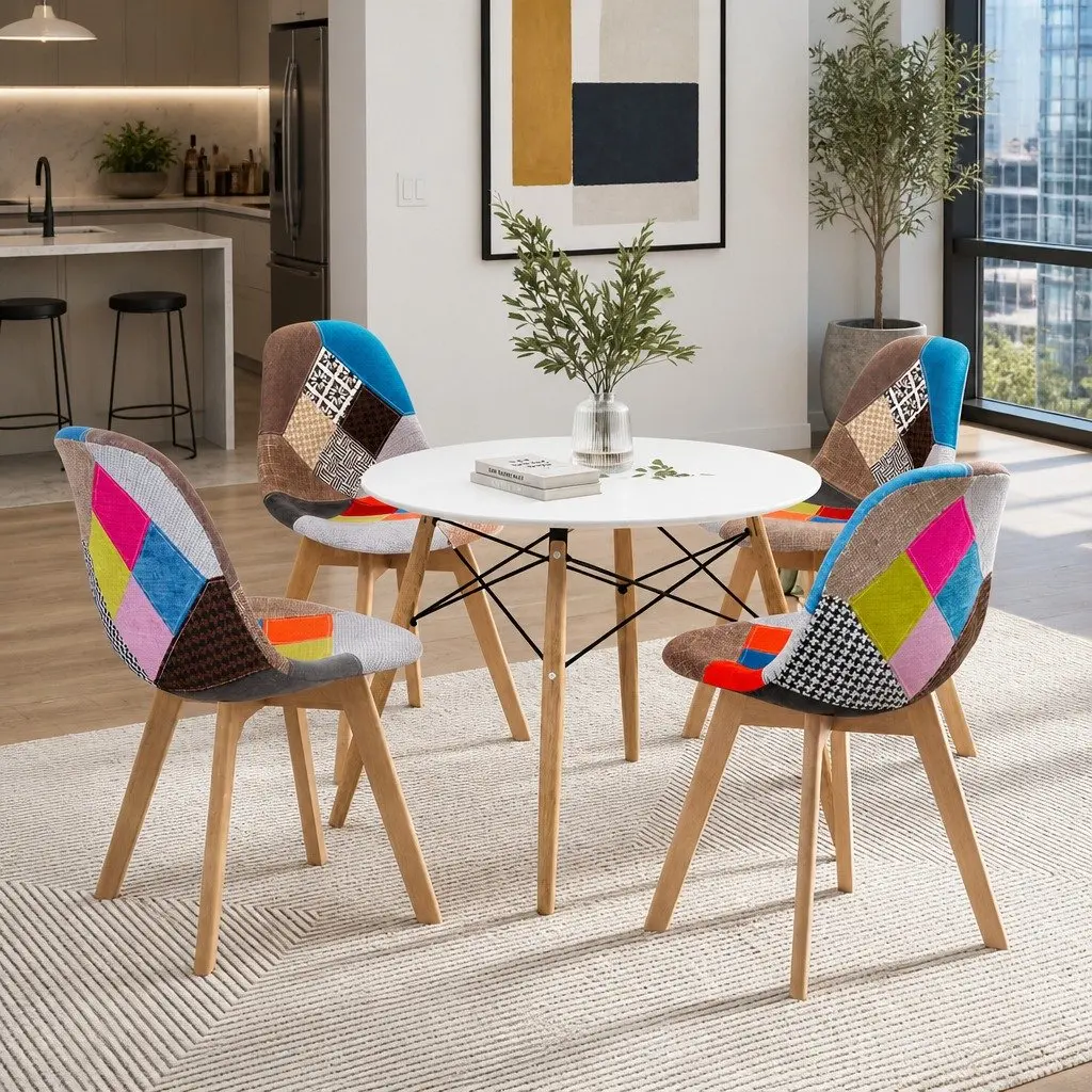 Dining Table and 4 Chairs Set Round 100cm MDF Top Beech Wood Legs Modern Design