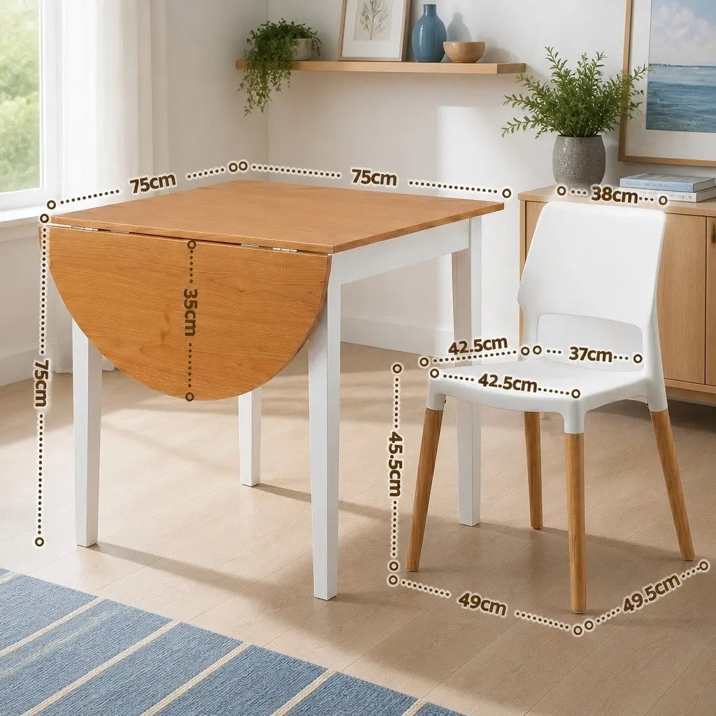 Dining Table and Chairs Set Drop-Leaf 75-110cm 4 Seater Kitchen Apartment White