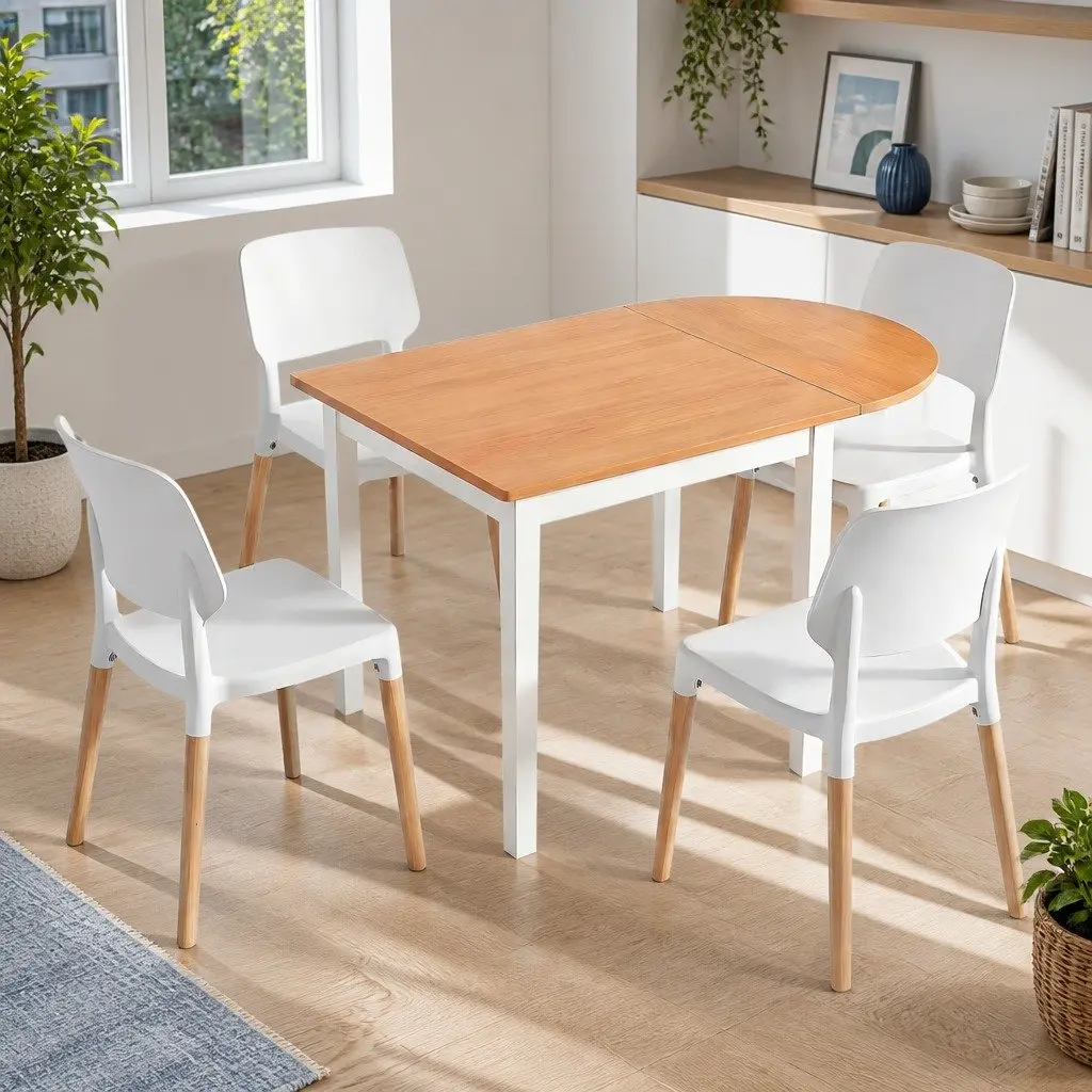 Dining Table and Chairs Set Drop-Leaf 75-110cm 4 Seater Kitchen Apartment White
