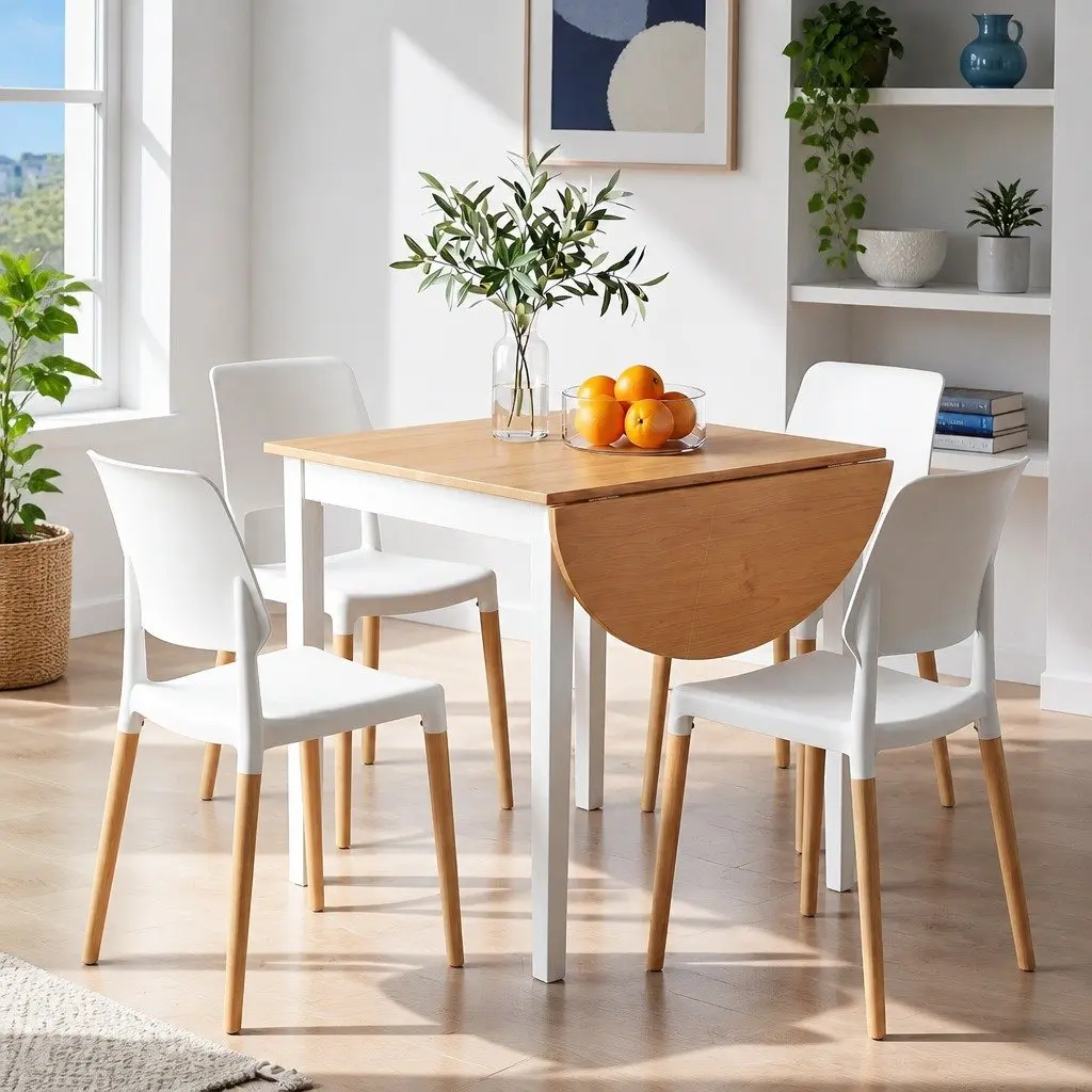 Dining Table and Chairs Set Drop-Leaf 75-110cm 4 Seater Kitchen Apartment White
