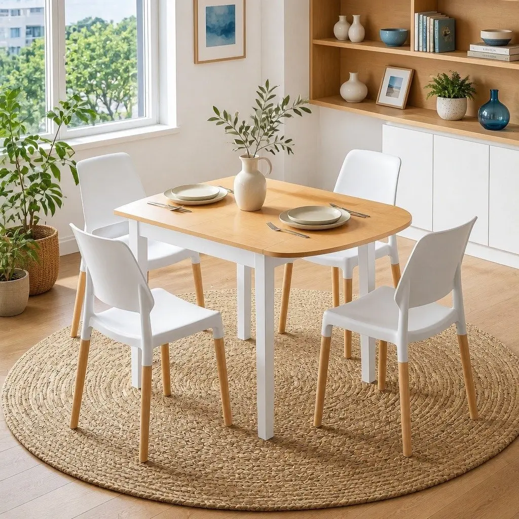 Dining Table and Chairs Set Drop-Leaf 75-110cm 4 Seater Kitchen Apartment White
