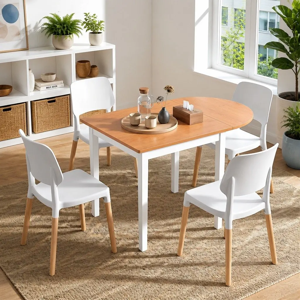 Dining Table and Chairs Set Drop-Leaf 75-110cm 4 Seater Kitchen Apartment White