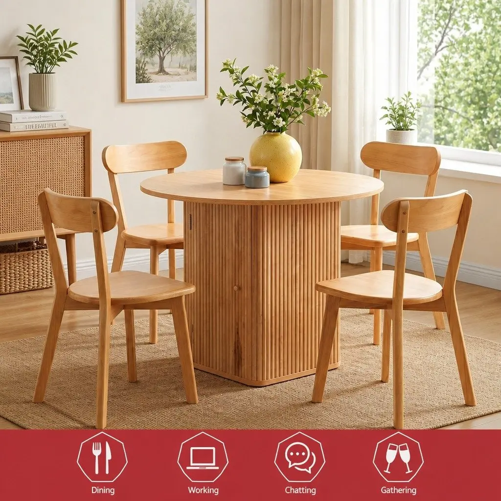 4-Seater Dining Set Pine Wood Square Table 100cm with Under-Table Storage and Ergonomic Chairs