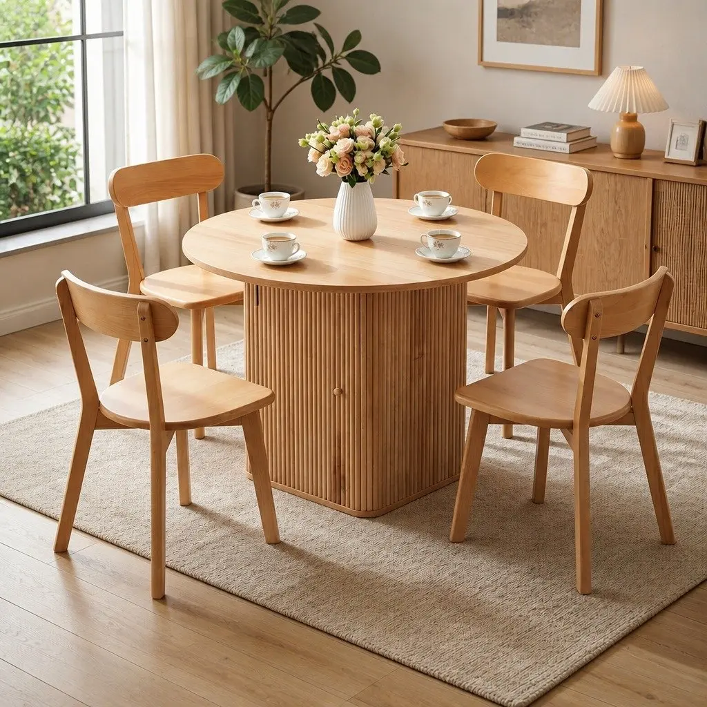4-Seater Dining Set Pine Wood Square Table 100cm with Under-Table Storage and Ergonomic Chairs