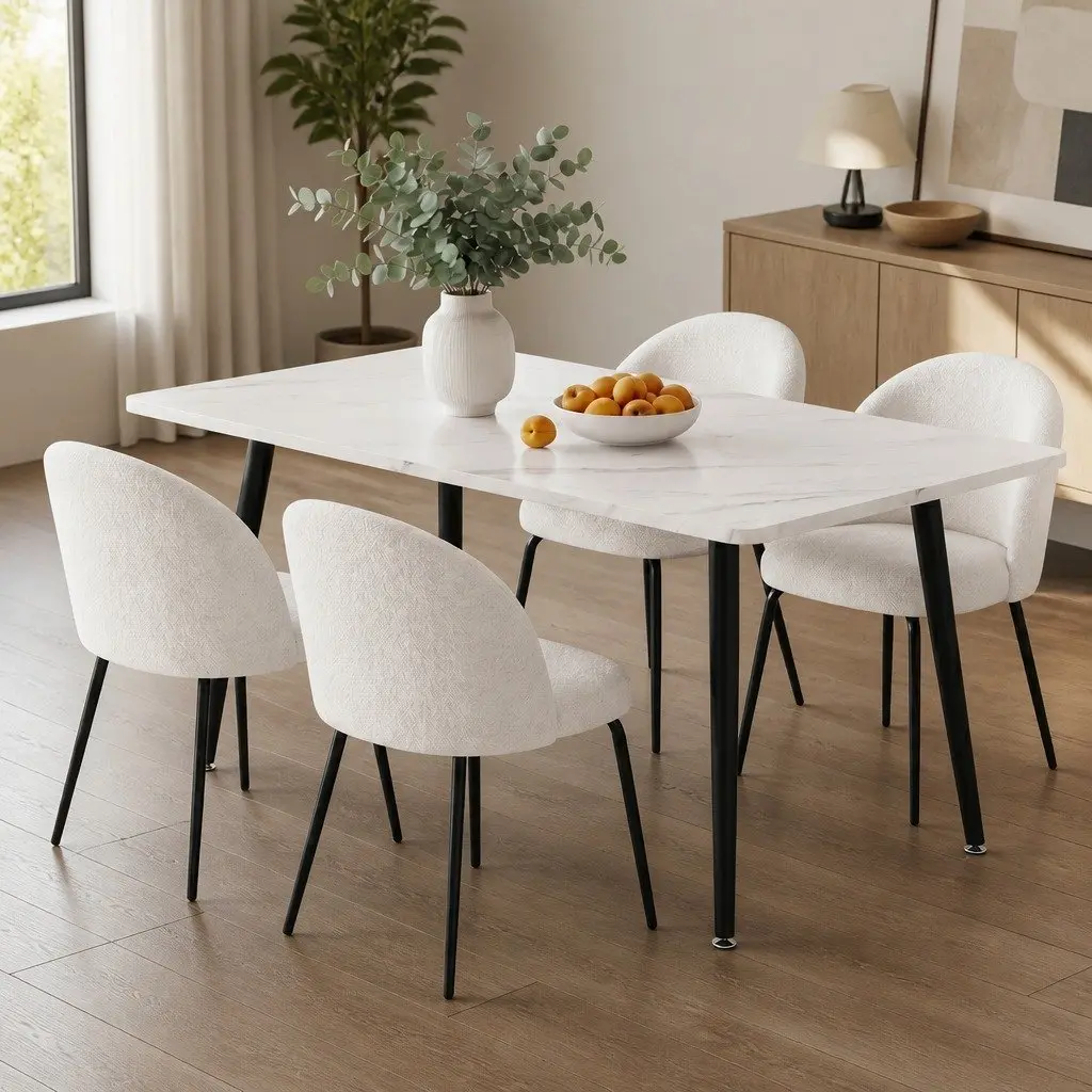 Dining Table and 4 Chairs Set White Marble Effect Kitchen Furniture Easy