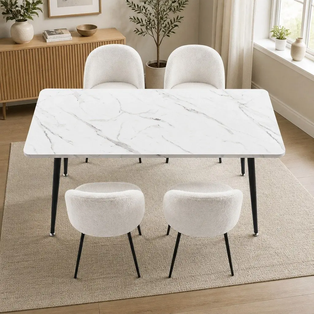 Dining Set White Marble Effect 5 Piece Kitchen Furniture Easy to Clean