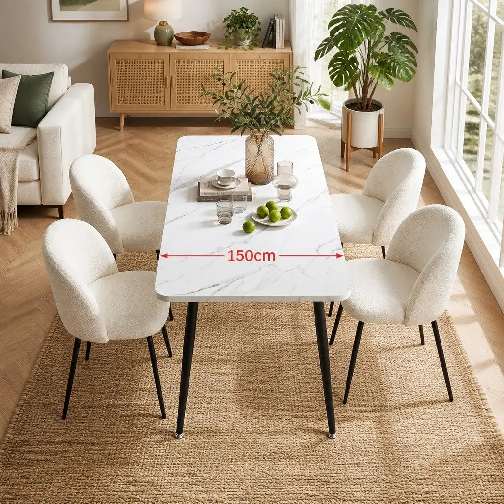 Dining Set White Marble Effect 5 Piece Kitchen Furniture Easy to Clean