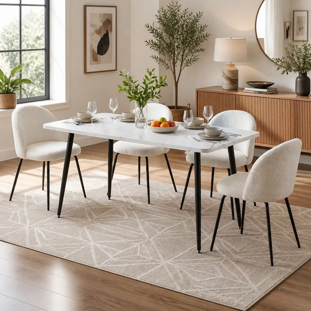 Dining Set White Marble Effect 5 Piece Kitchen Furniture Easy to Clean