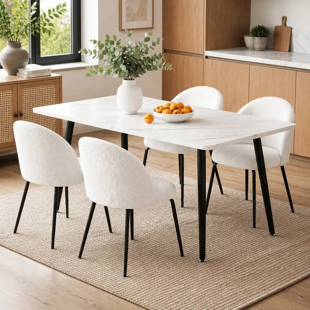 Dining Set White Marble Effect 5 Piece Kitchen Furniture Easy to Clean