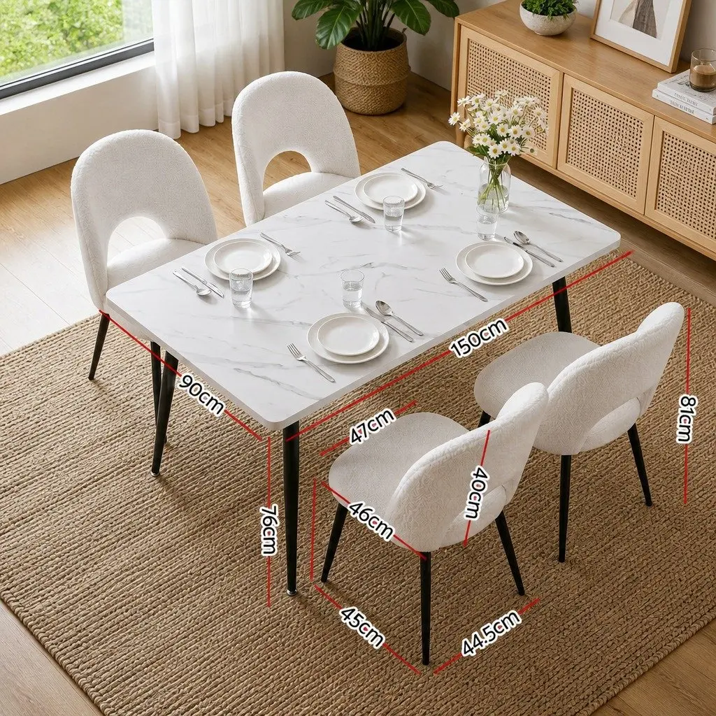 Dining Set Marble Effect White Grey 5 Piece Sturdy Table with Upholstered Chairs
