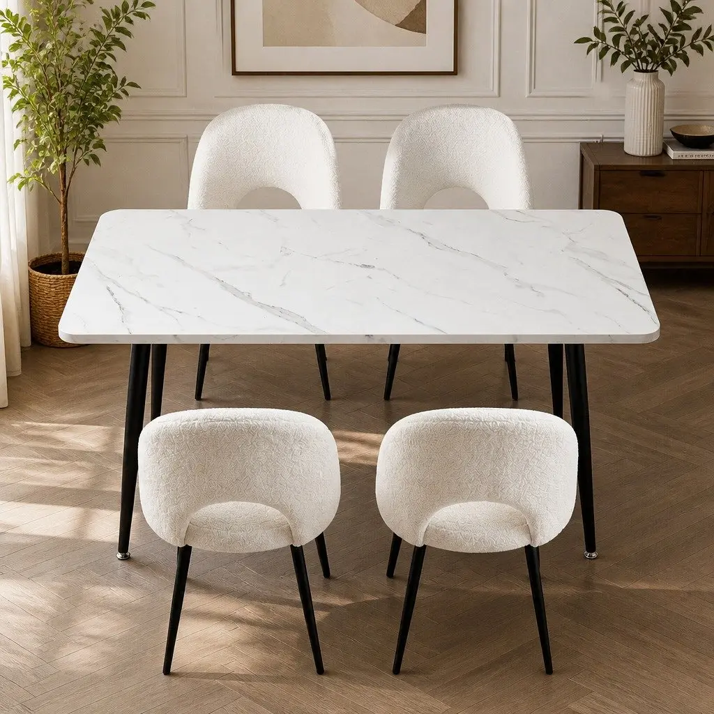 Dining Set Marble Effect White Grey 5 Piece Sturdy Table with Upholstered Chairs